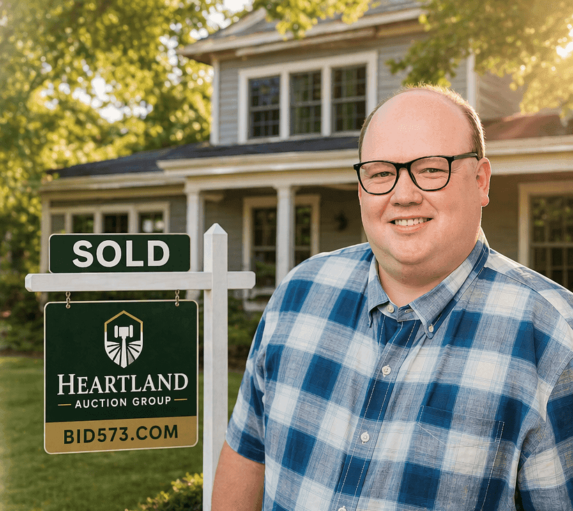 Homeowner with sold property and Heartland Auction Group sign in front of house.