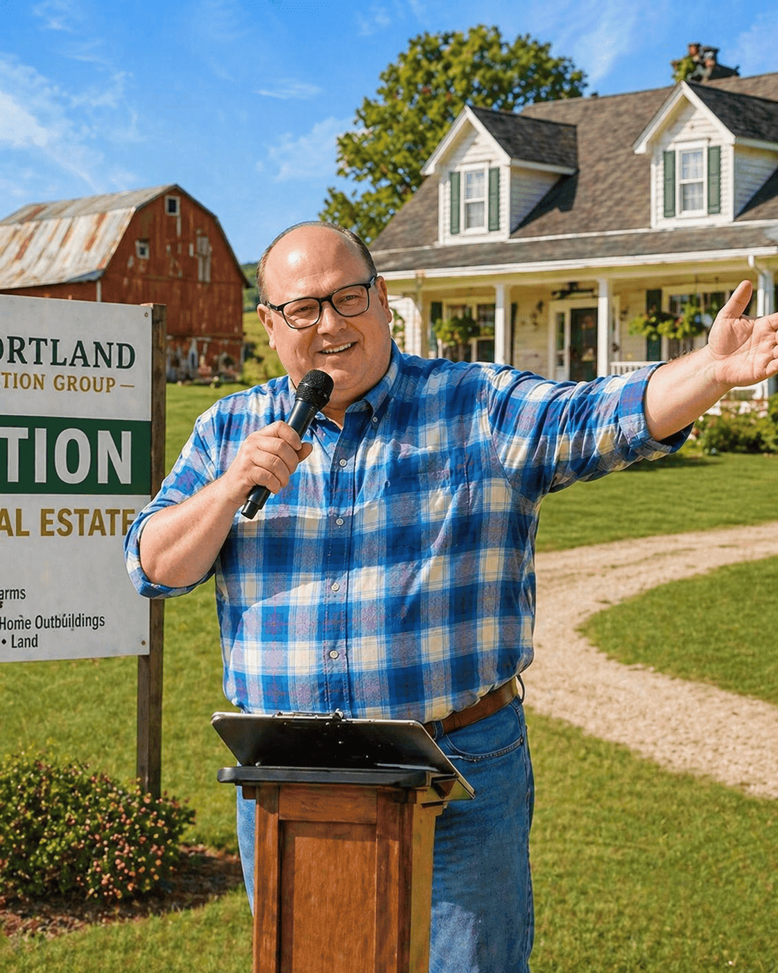 Auctioneer speaking at real estate auction event outdoors.