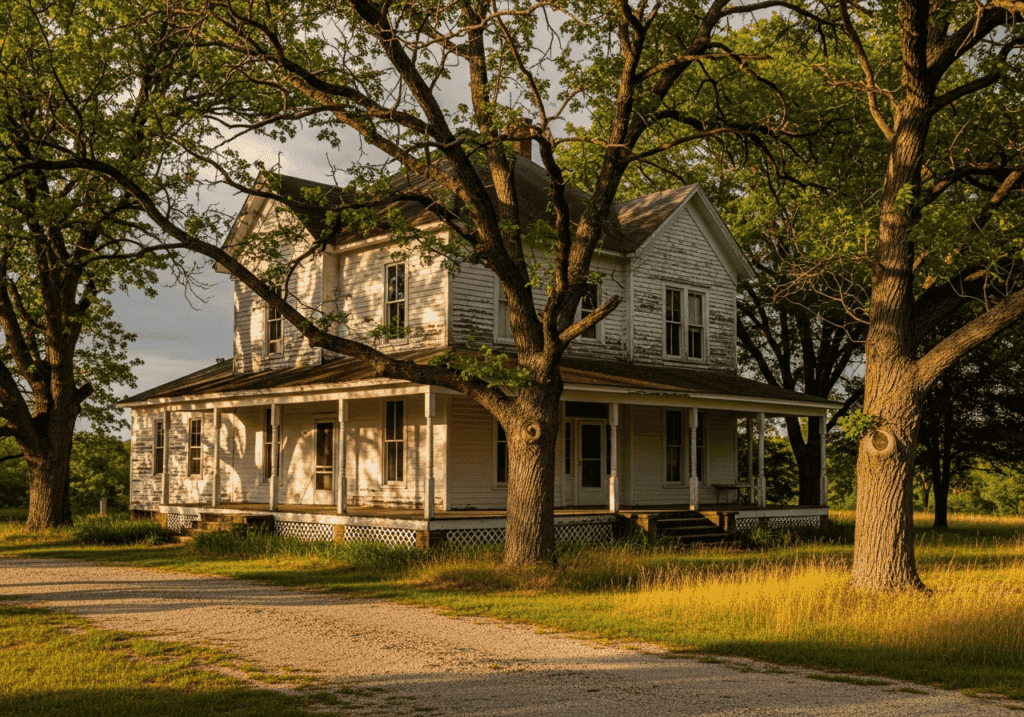 Beautiful historic house with large trees and a spacious porch.