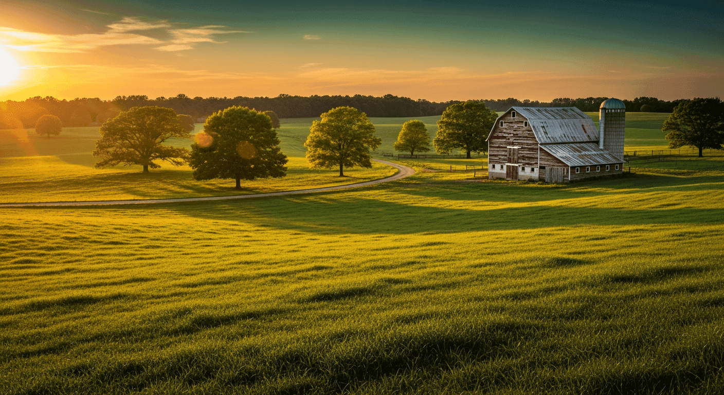 Scenic rural farm landscape with barn and trees at sunset.