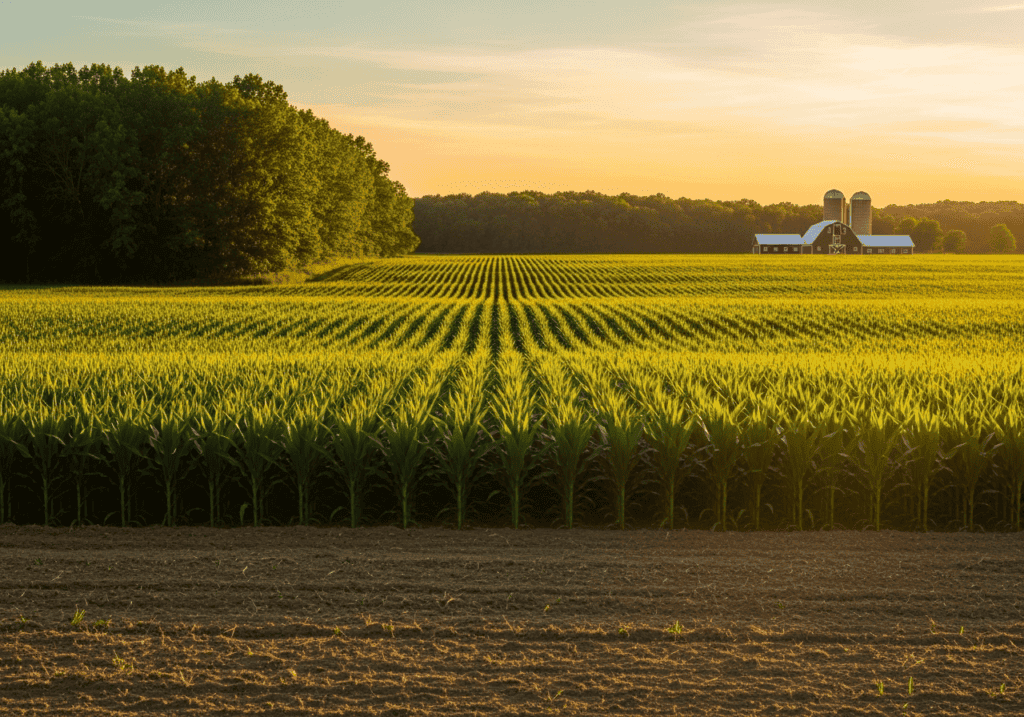 Farm landscape with lush green crops and a barn at sunset, ideal for agricultural auction imagery.