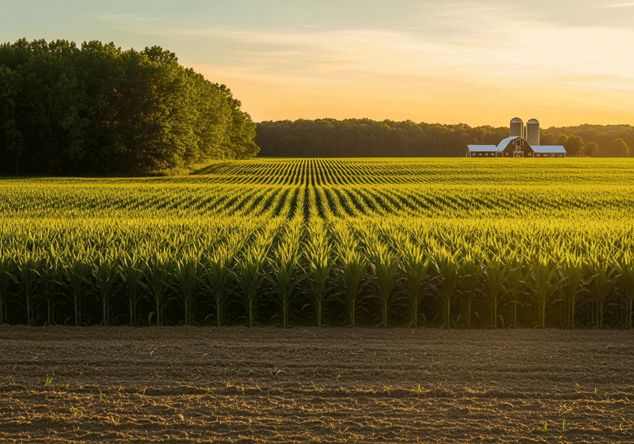 Farm landscape with lush green crops and a barn at sunset, ideal for agricultural auction imagery.