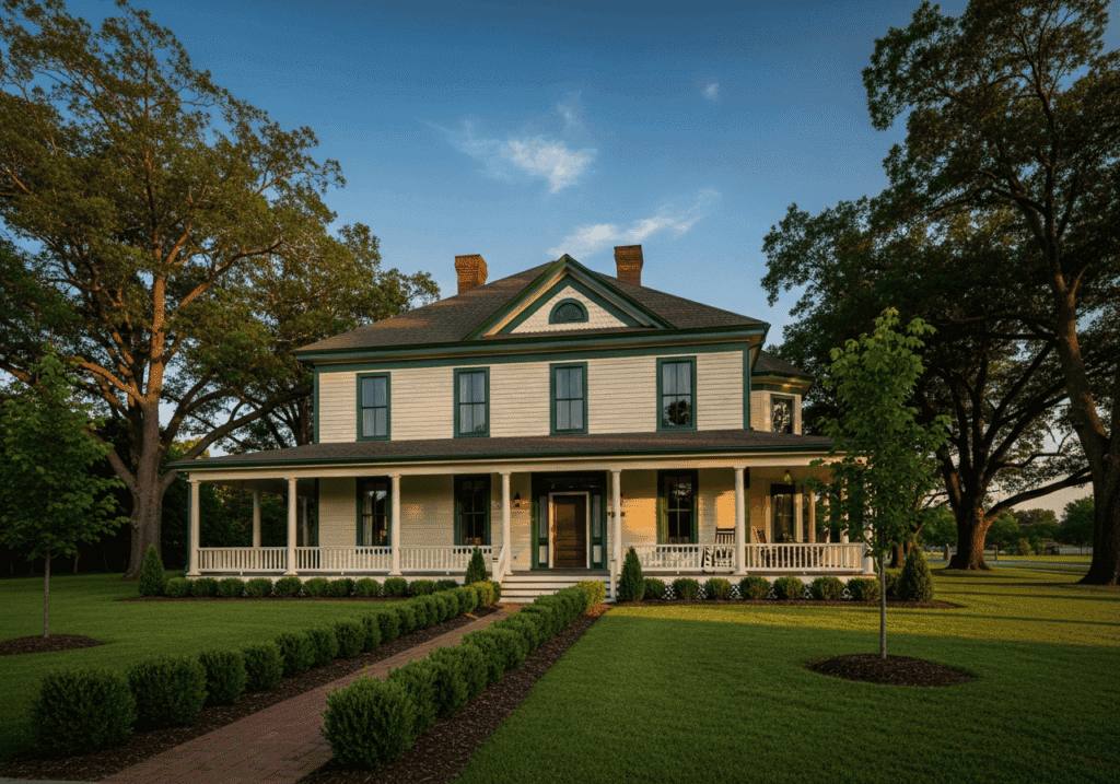 Victorian house with large porch, surrounded by trees and well-maintained garden.