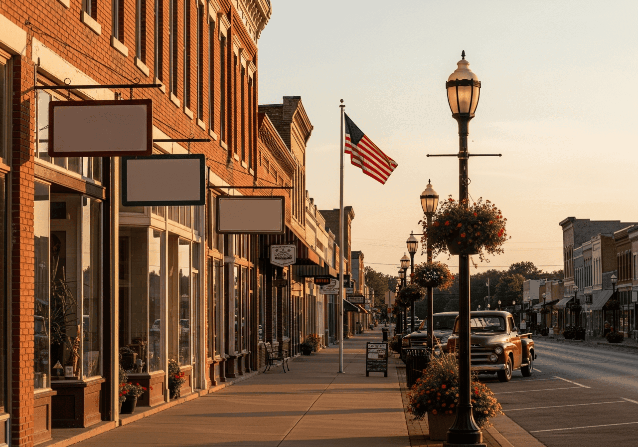 Beautiful historic downtown street with vintage lampposts and storefronts, showcasing a vibrant comm.