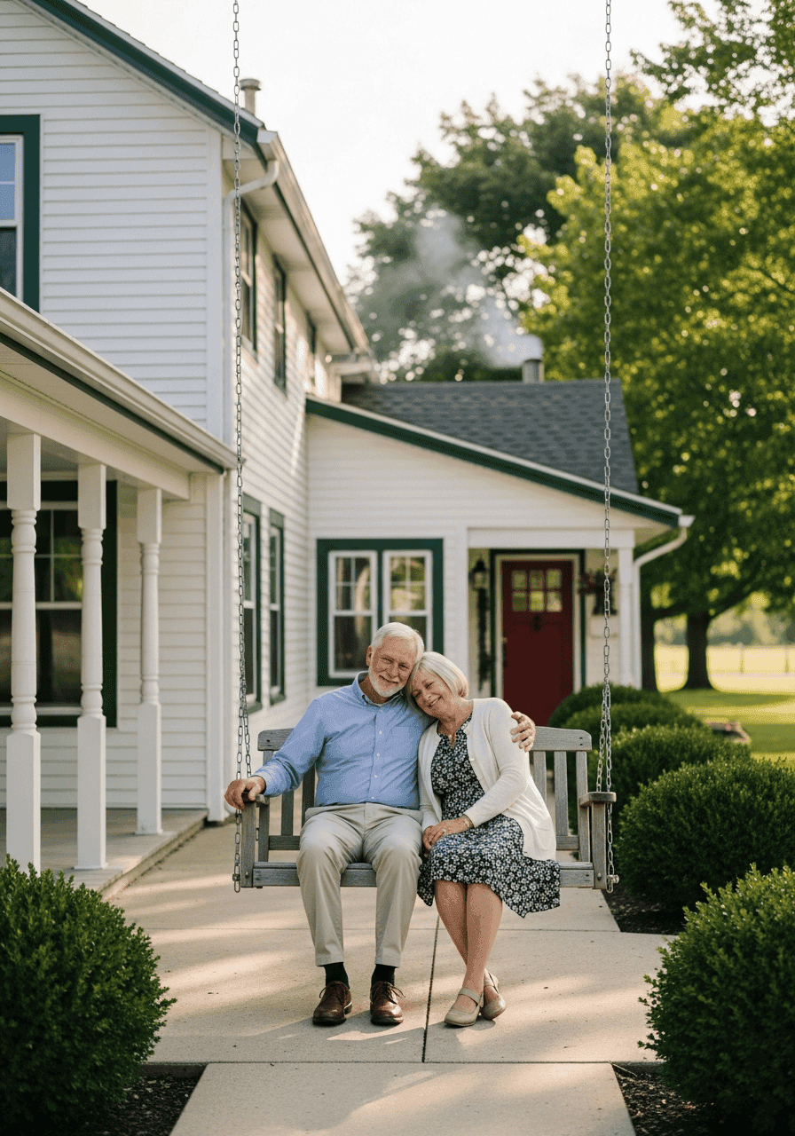 Comfortable porch swing featuring happy elderly couple enjoying outdoor relaxation.