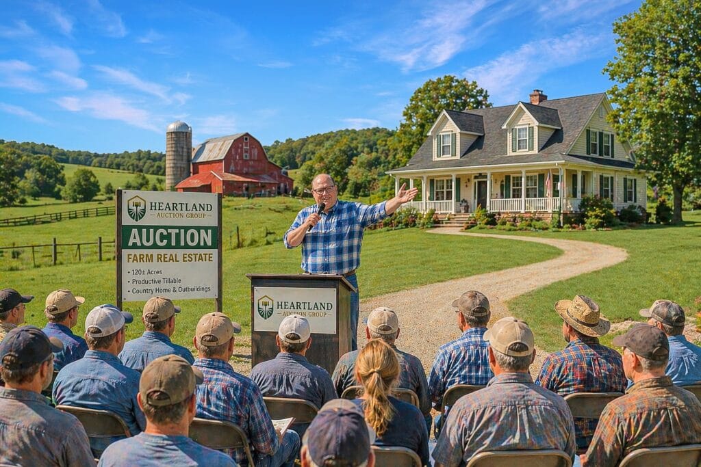 Man in a blue plaid shirt speaks at an outdoor farm real estate auction, addressing a seated crowd with a Heartland Auction Group sign nearby and a red barn in the background.