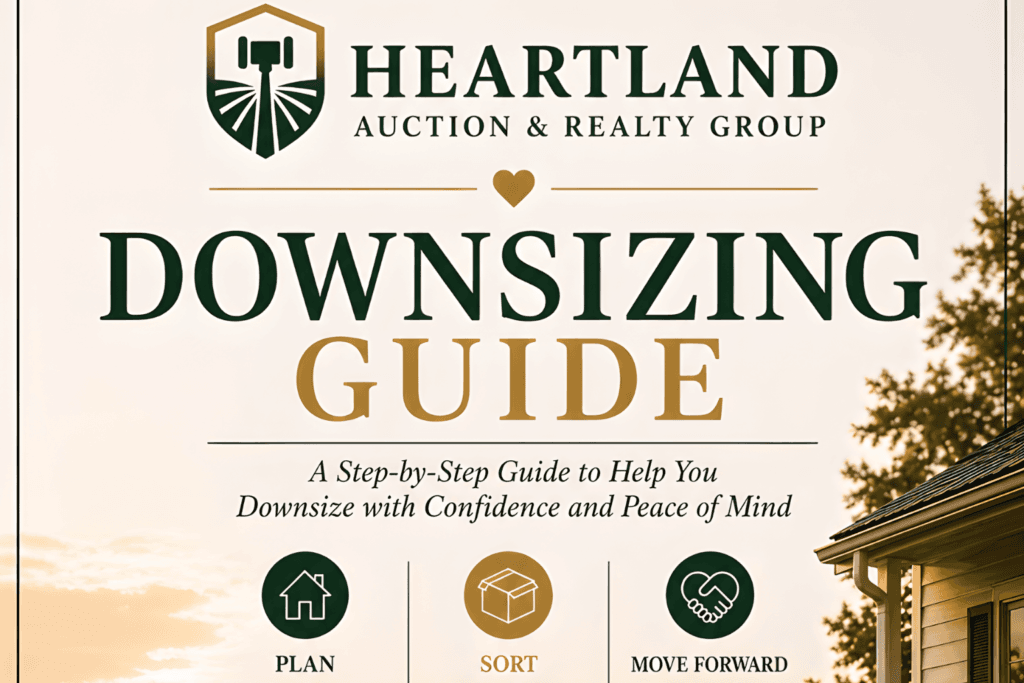 Heartland Downsizing Guide poster: large 'DOWNSIZING GUIDE' title with three icons—Plan, Sort, Move Forward.