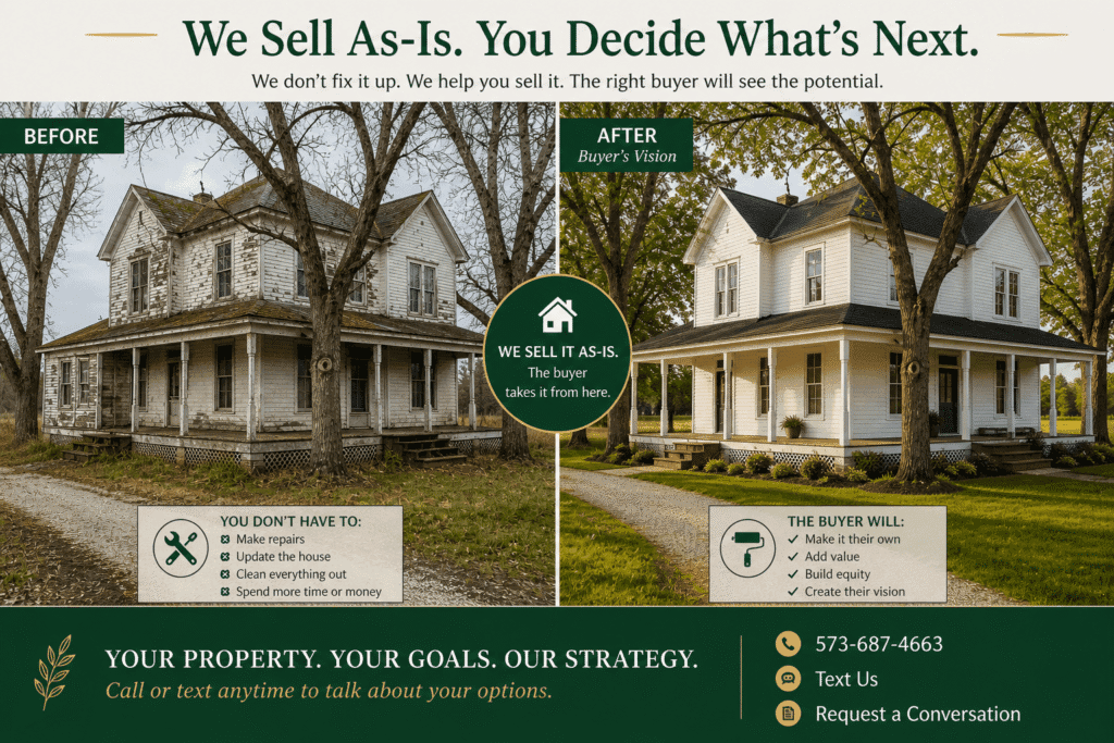 Before and after houses split by a divider with a green circular sign: We Sell It As-Is—Buyer’s Vision. An as-is property sale ad infographic.